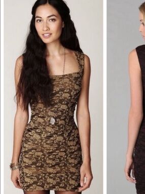 Free People Brown Floral Bodycon Ruched Mini Dress with Black Lace Back